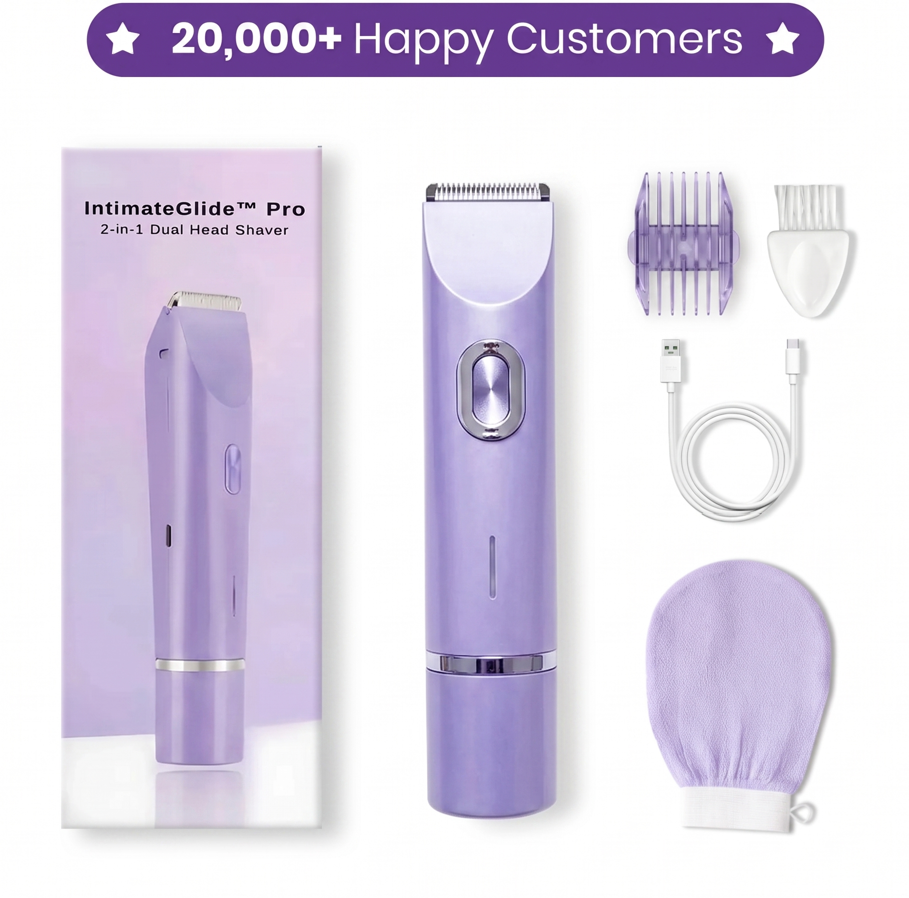 Purple IntimateGlide Pro 2-in-1 Dual Head Shaver with packaging, accessories, and branding elements on a white background.